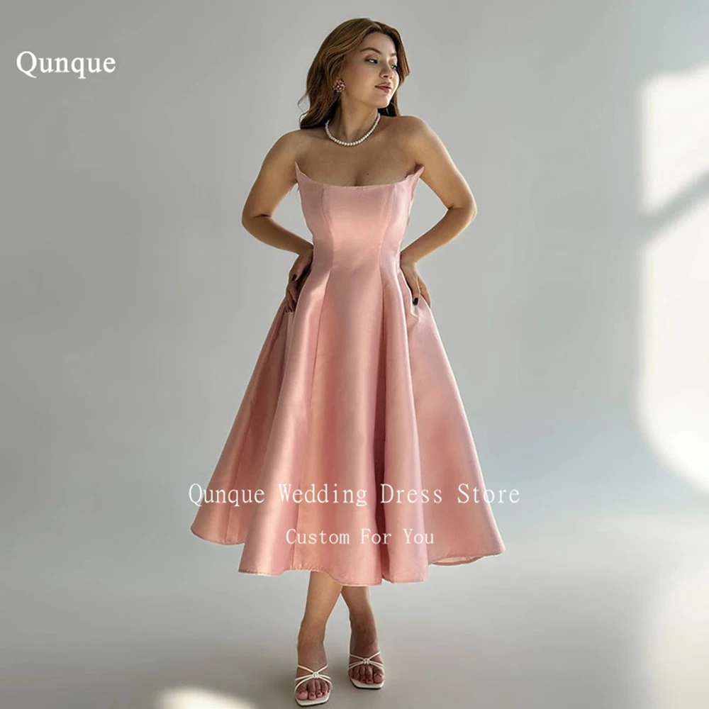 

Qunque Tea Length Rose Gold Prom Dresses Sexy Sleeveless Evening Dress Vestido De Festa Longo Customized Formal Abiti Da Sera