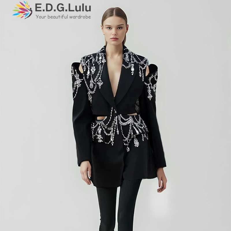 

EDGLuLu 2025 Spring Heavy Industry Nail Bead Splicing Suit Jacket Woman Off Shoulder Long Sleeved Office Black Suit Jacket 0525