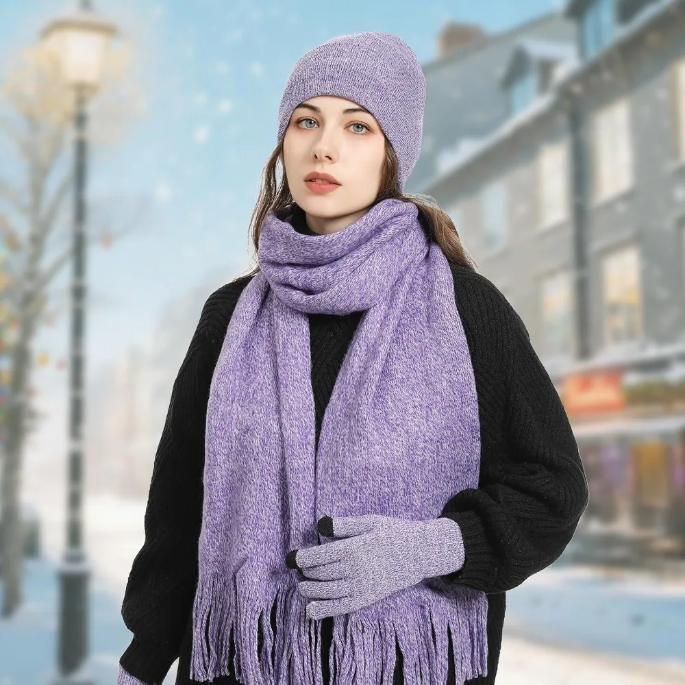 الشتاء الدافئة قبعة صغيرة قفازات لمس طقم وشاح طويل للنساء مع عقال، قبعة متماسكة الأوشحة مع شرابة للنساء