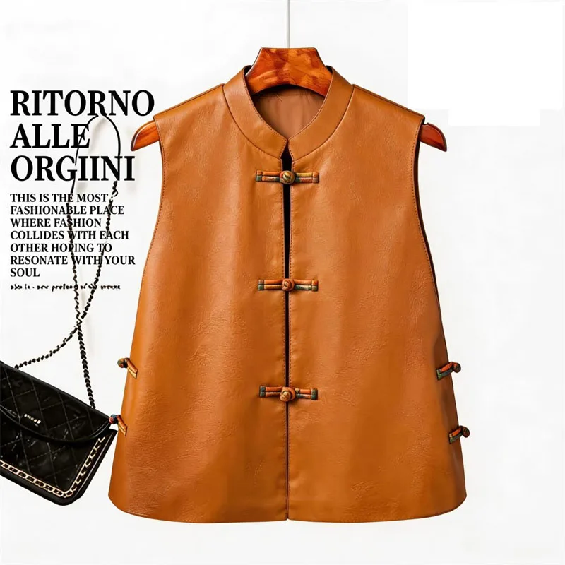 Spring Autumn Chinese Style Leather Vest Women's Leather Waistcoat Jacket Coat Colorful Buttons Sleeveless Leather Outerwear
