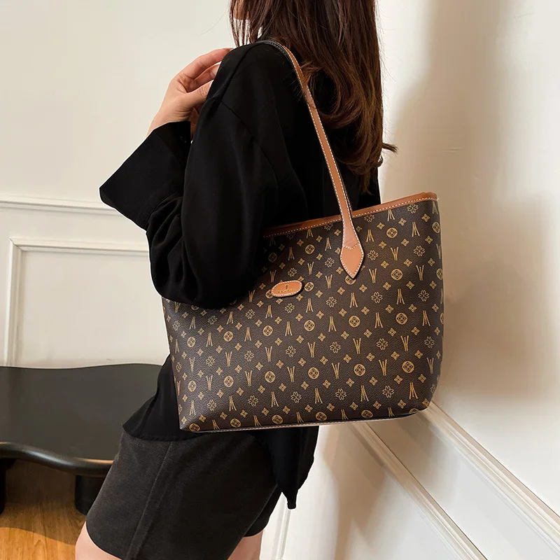 

2025 Large Tote Bag for Women Monogram Print Spacious Underarm Purse Adjustable Shoulder Strap Casual Vegan Leather Day to Night