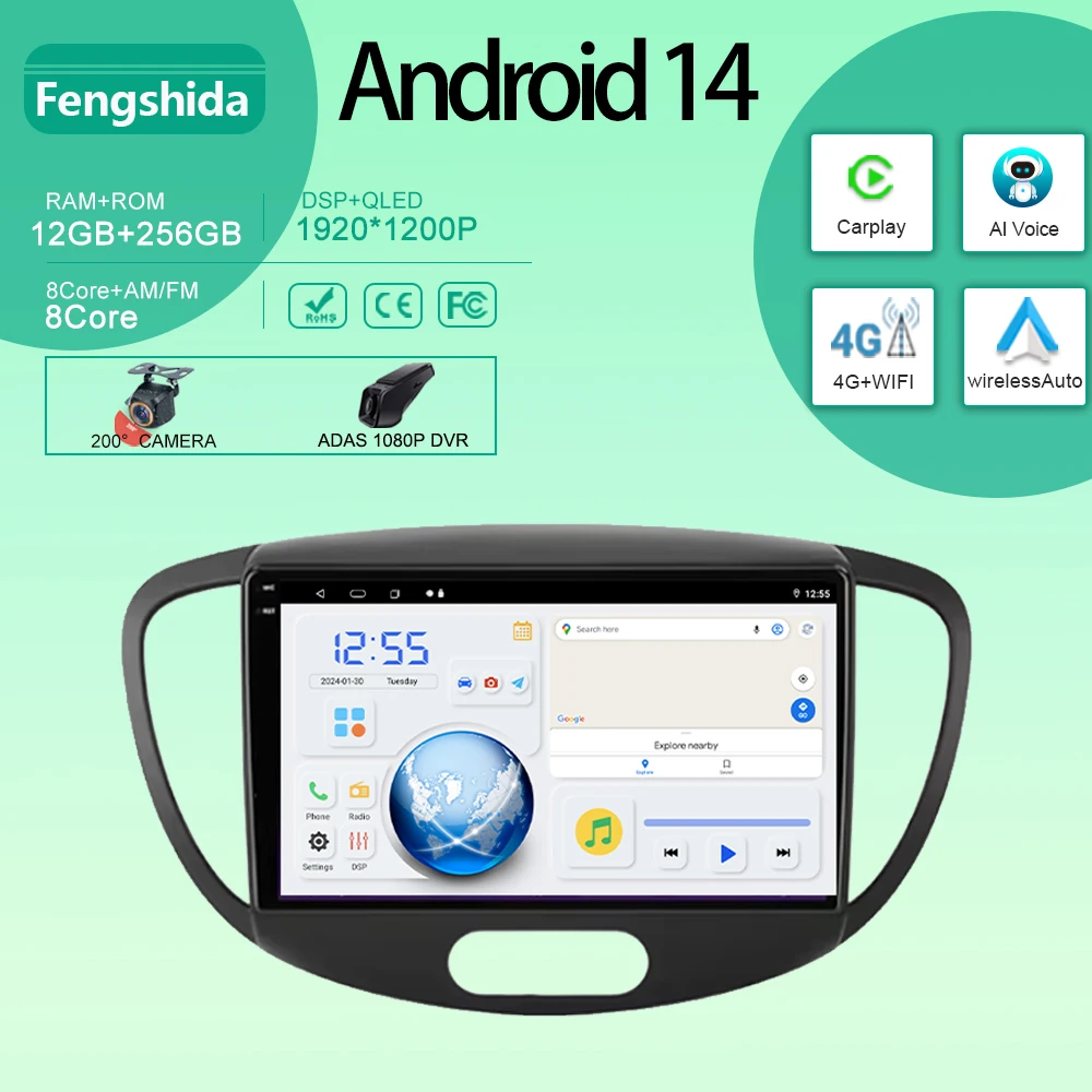 

Multimedia Player For Hyundai i10 2007 2008 2009 2010-2013 GPS Navigation 5G BT high-performance CPU HDR QLED Screen No 2din DVD