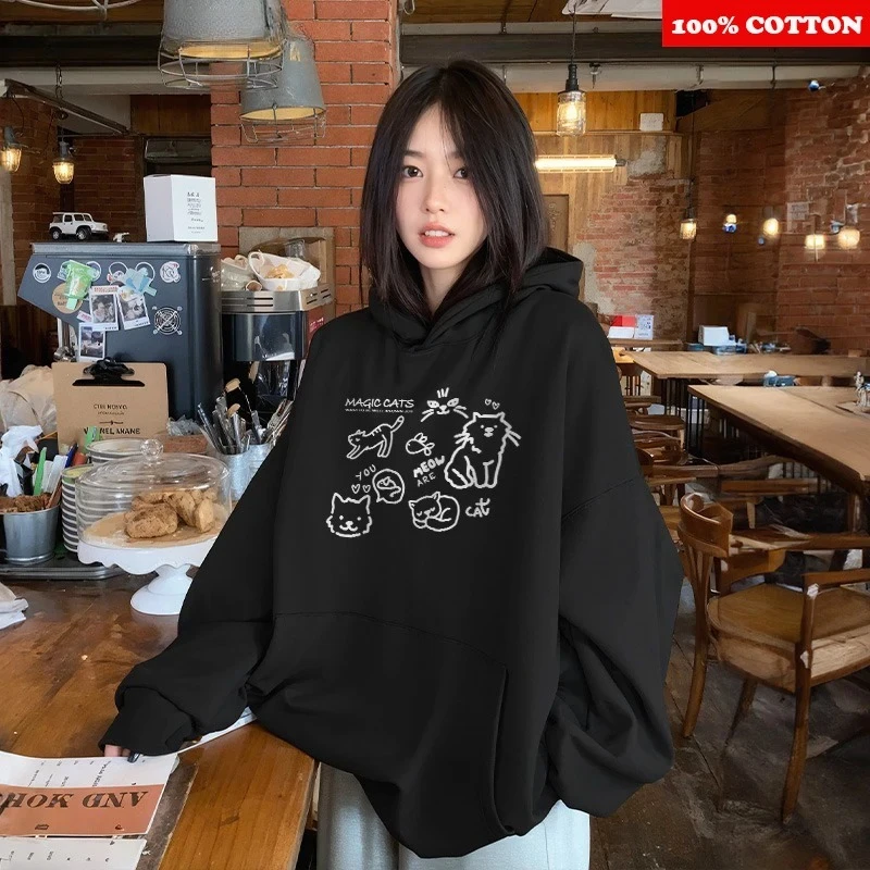 لطيف القط طباعة هوديس المرأة خريف شتاء 2025 موضة جديدة الشارع فضفاض عادية الكنغر الحقيبة البلوز Y2K ملابس kawaii #3