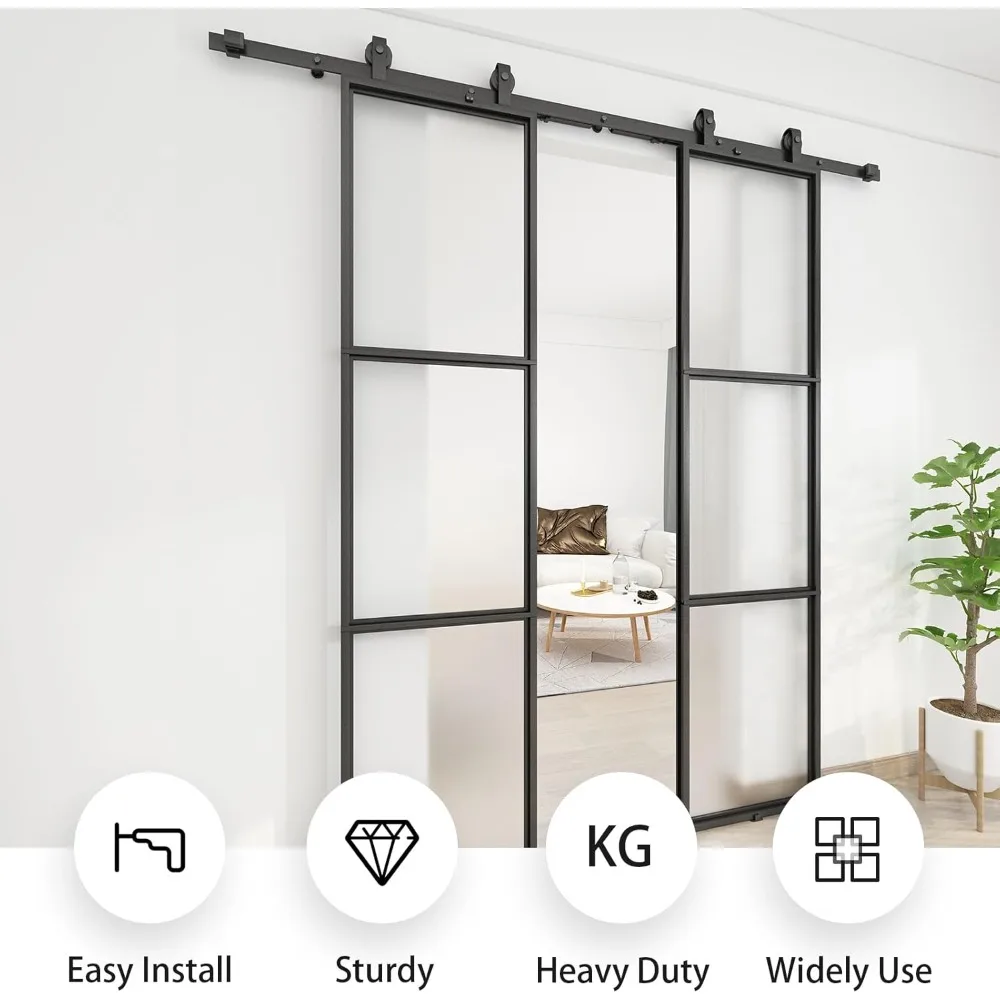 Double Barn Door with Hardware Kit and Soft Close Mechanism Include, 2 Sets of  Frosted Glass with Carbon Steel Frame Barn Door