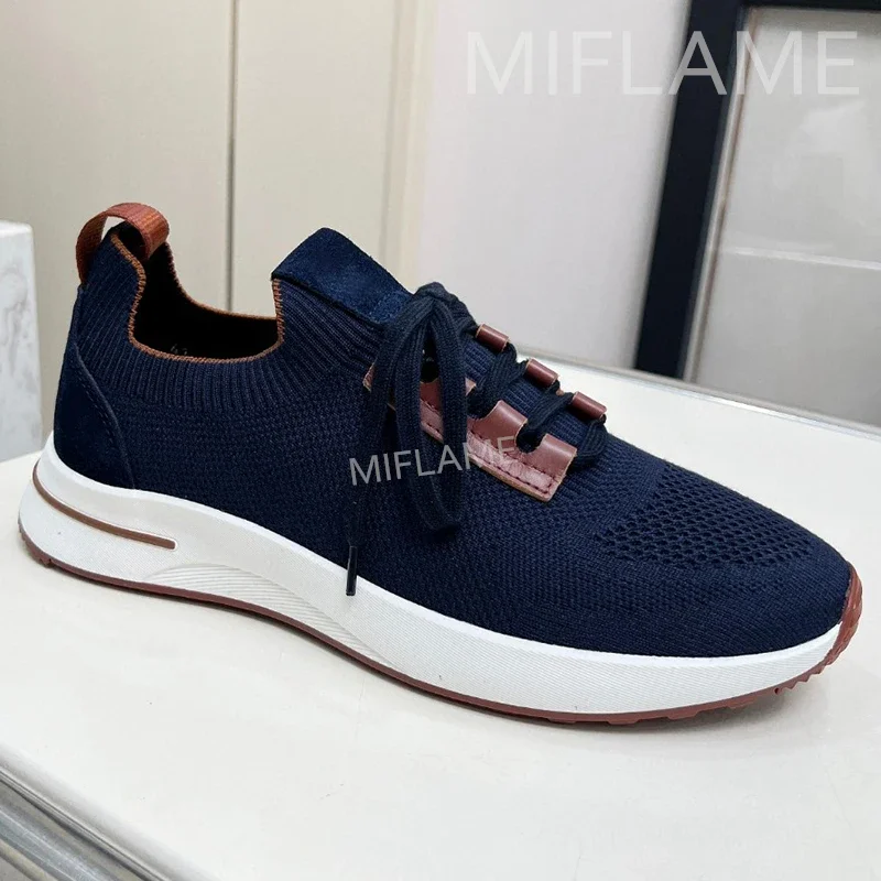 Luxury Brand Knitted Sneakers Flat Shoes Men Slip On Round Toe Lace Up Lazy Loafers Comfy Shoes Casual Driving Shoes For Men