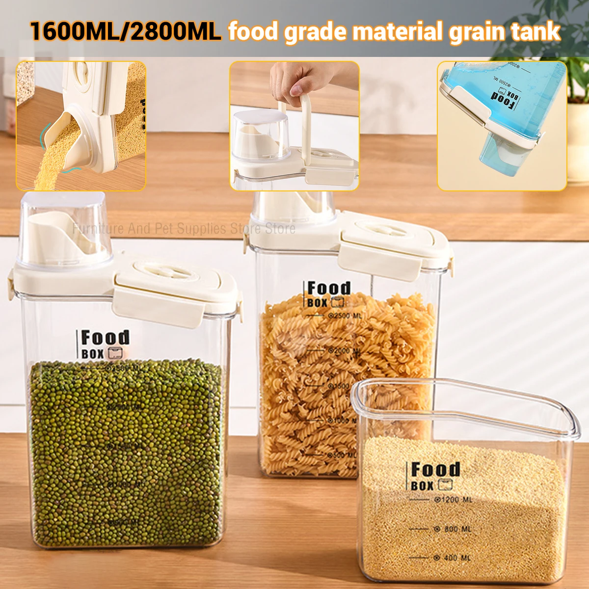 

2800ML Kitchen timing storage jar, hand-held sealed miscellaneous grain jar with measuring cup buckle, moisture-proof sealed jar