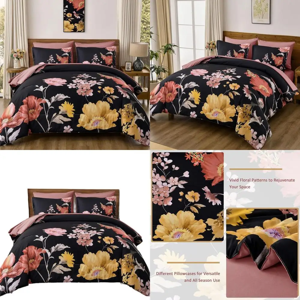 

Комплект одеял Blush & Black с цветочным принтом из 7 предметов, постельное белье и простыни из ботанической микрофибры, всесезонная кровать 90x90 в сумке