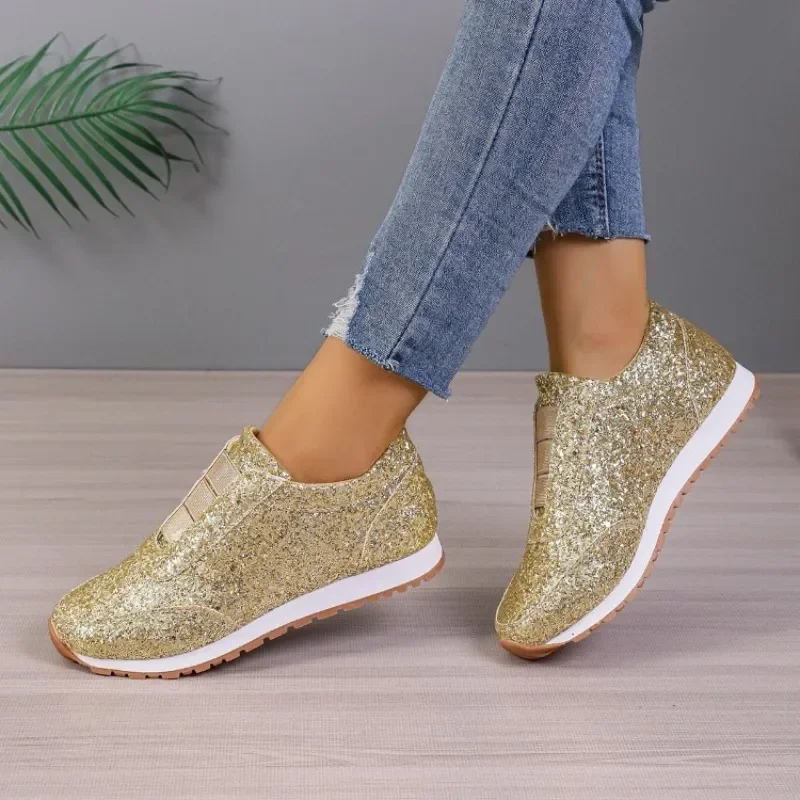 Sneakers Glitter scarpe da donna 2023 autunno Mesh Flats scarpe Casual vulcanizzate scarpe da donna con plateau Bling stringate Plus Size 43