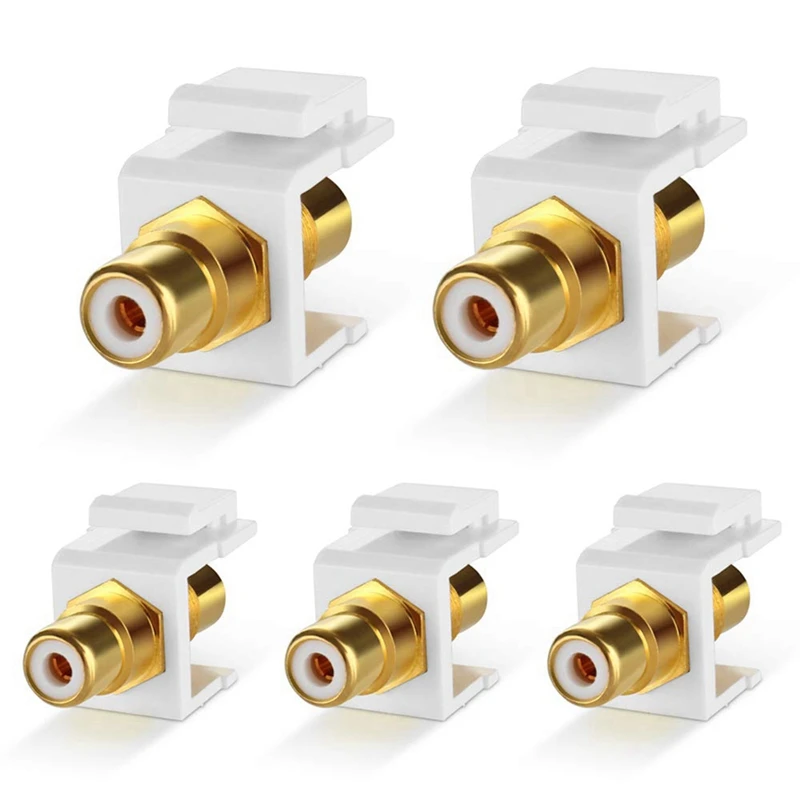 RCA Keystone Jack Insert Connector (5 Pack) Socket Female Snap In Adapter Port Gold Plated Inline Coupler (White)