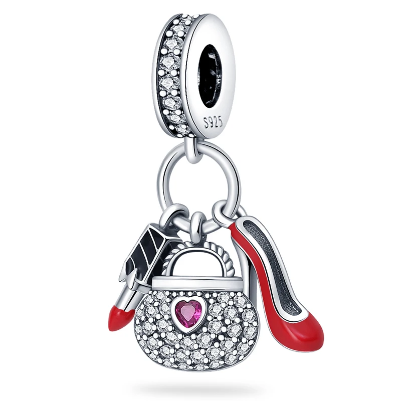 

100% 925 Stering Silver High Heels Bags Lipstick Charms Bead Pendant Fit Original Bracelet DIY For Women Jewelry