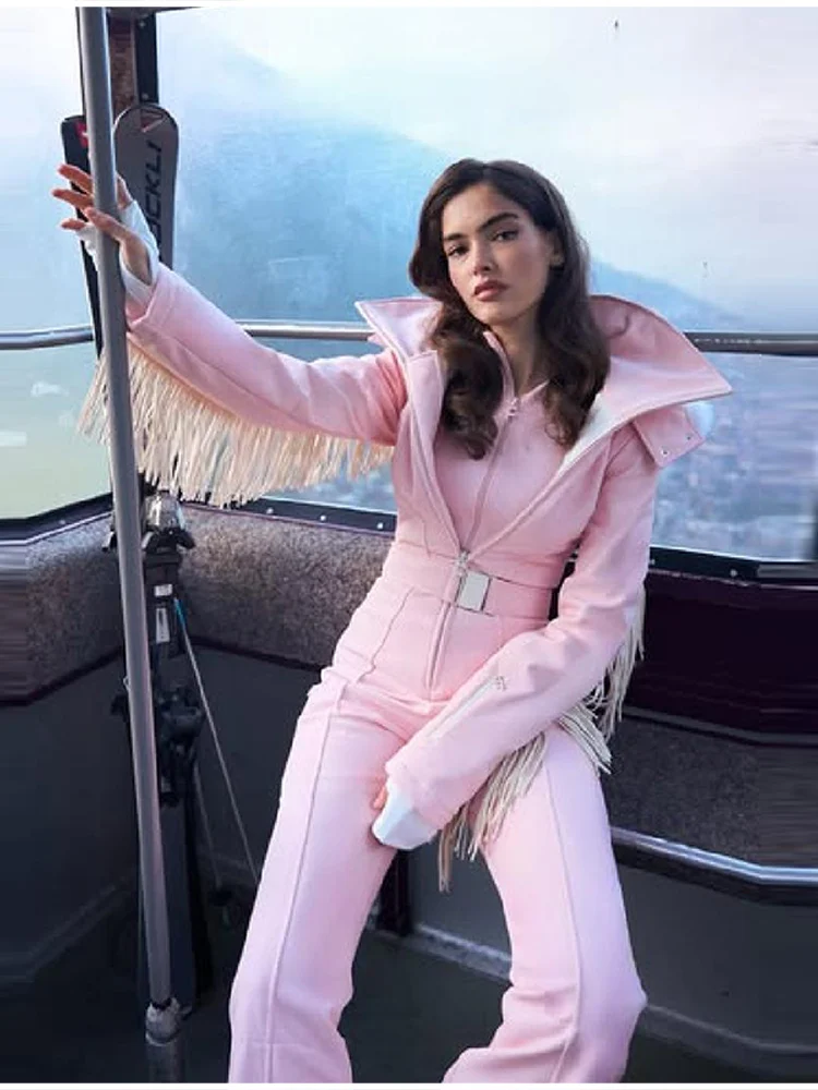 

Chic Ski Jumpsuit Fringe Hooded Waist-belted Snow Outfit Women Winter Trendy Sporty Stylish Warm Outfit