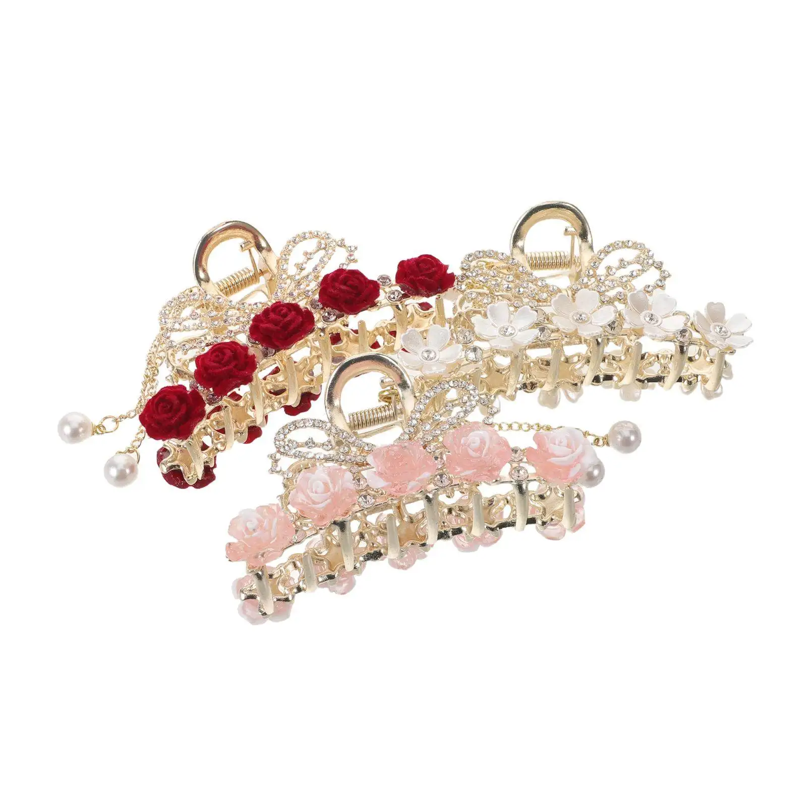 

3Pcs Hair Claw Clips Elegant Rose Bow Ribbon Floral Tassel Non Slip Styling Clasp Holiday Accessories for Women Girls