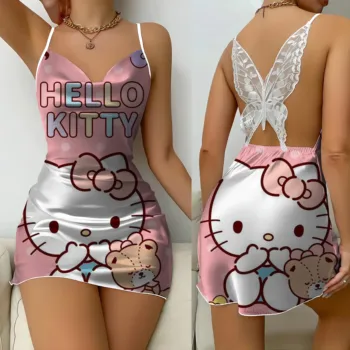 Image Mini Dress Pajama Skirt Hello Kitty Sexy Dresses Off Shoulder Bow Knot Satin Surface Womens Fashion Summer 2024 Short Party Lace