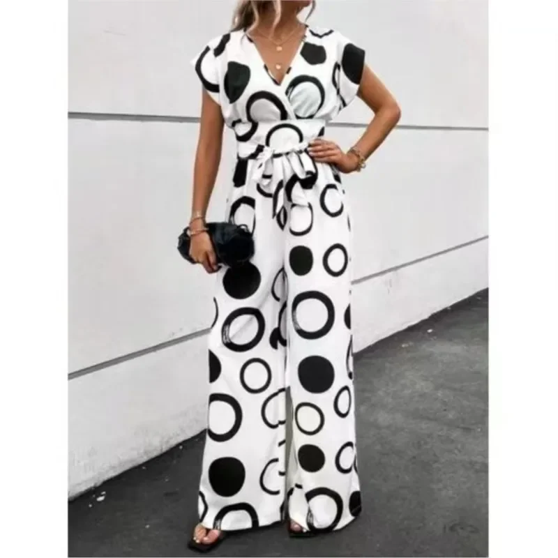 

Fashion V-neck Polka Dot Print Jumpsuit Women 2024 Summer Sexy V-neck High Waist Lace-up Casual Wide Leg Jumpsuitsl Slim Rompers