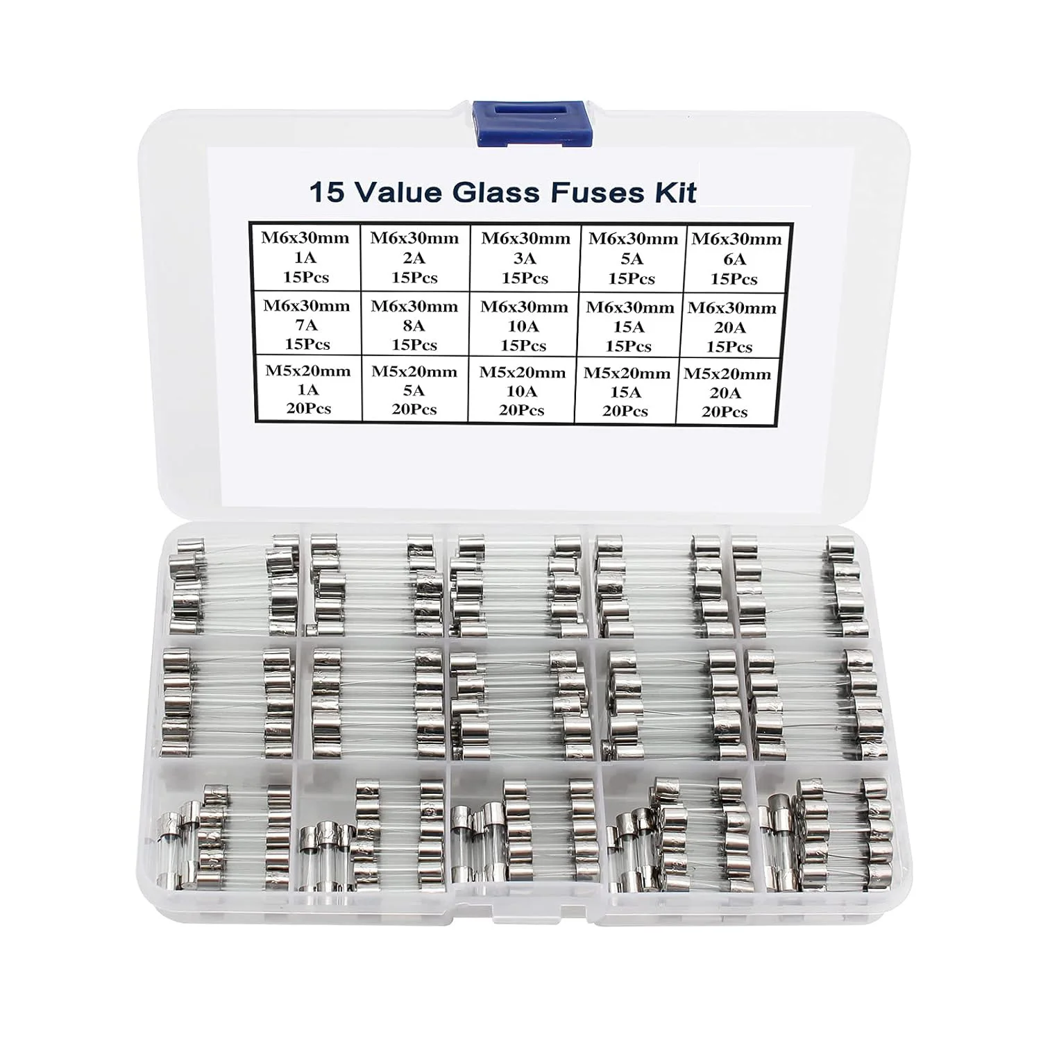 

250Pcs 15 Values Glass Fuses Assortment Kit, 6x30mm & 5x20mm 250V Fast Blow Quick Fuses Kit, 1A 2A 3A 5A 6A 7A 8A 10A 15A 20A