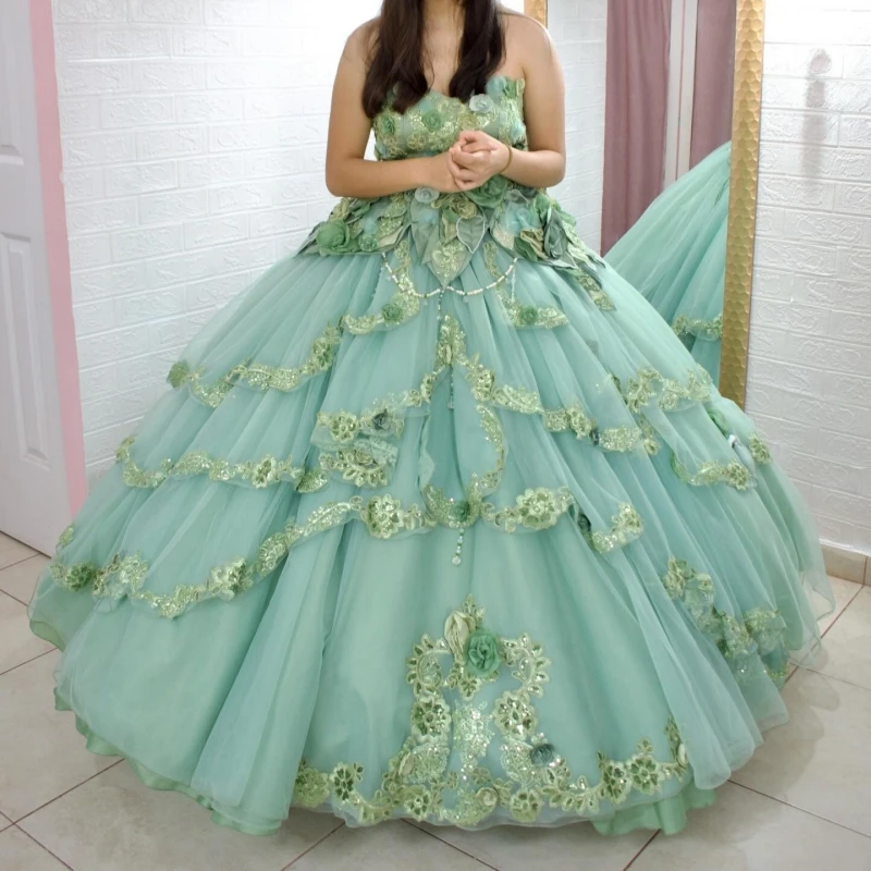 

Mint Green Shiny Ball Gown Quinceanera Dresses Applique Lace Beading Crystal Tull Corset Off Shoulder Sweet 16 Dress Vestidos 15