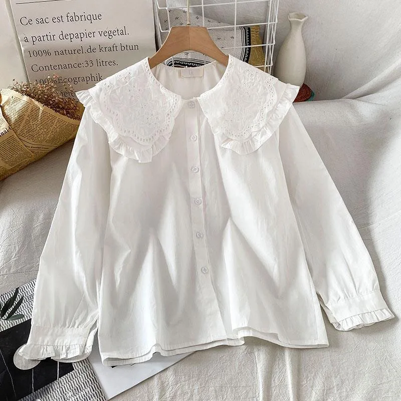 

Pure Cotton Women O Neck Shirt Spring Solid Color Cute Long Sleeve Top Japanse Style Button Up Ladies Shirts