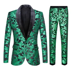 European Size (Blazer + Trousers) Men's Suit Fashion Trend Slim Green Velvet Sequins Wedding Wedding Groom Dress 2 Piece Set