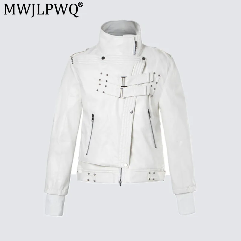 MWJLPWQ Retro PU Leather Motorcycle Jacket Men's American Multiple Straps Rivets Stand Collar Short Faux Two-Piece Coats 17883
