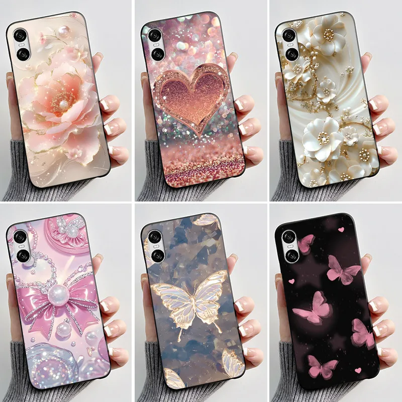 Capa com estampa de desenho animado para sony xperia 10 vi, capa de silicone macio, preta, capa fofa com desenho de flor, coque