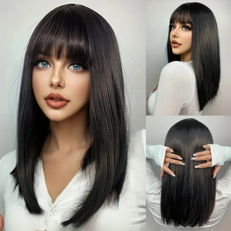 Black Straight Hair Synthetic Wig for Costume Party, Halloween Cosplay Wig, Daily Use Hot Wire Wig Headband