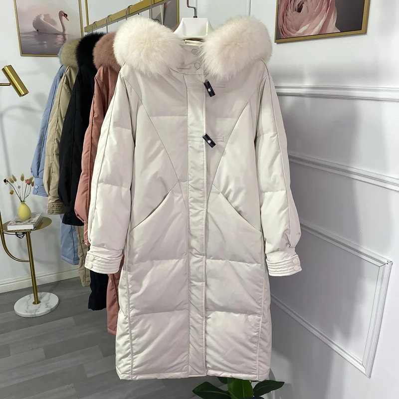 

White Duck Down Jacket Women's Winter New Big Real Fur Hooded Middle And Long Korean Over Knee Fashion Elegant Horn