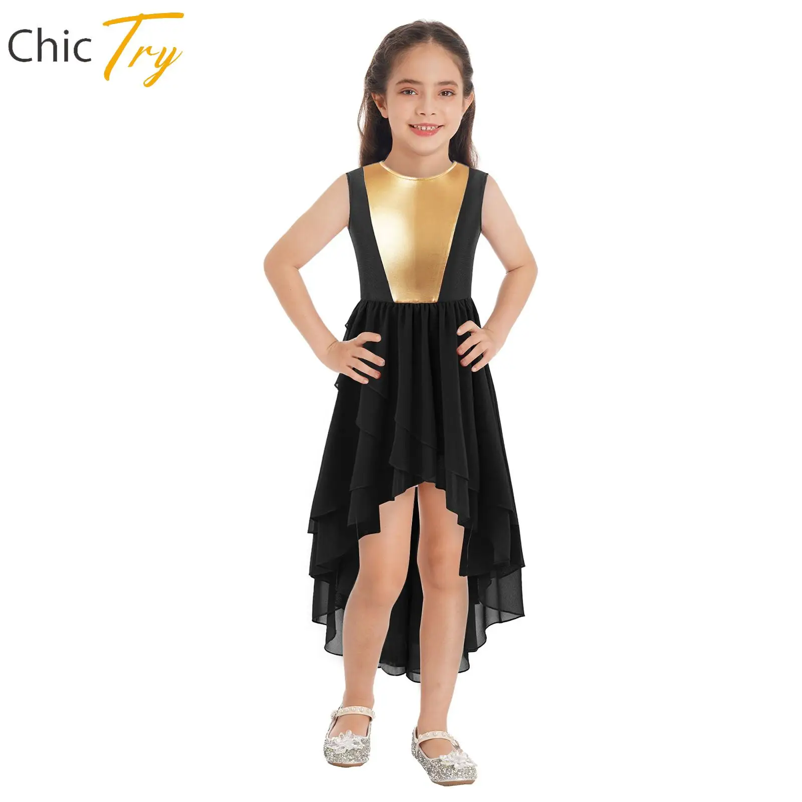 Kinder Mädchen lyrische Tanz kleidung Party kleid Metallic Patchwork ärmellose gestufte gewickelte High-Low-Saum Lob tanzende Tanz kleidung