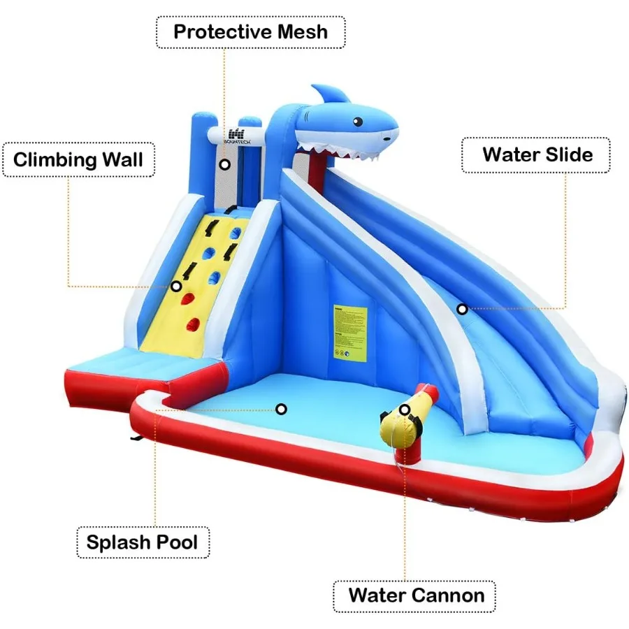 Opblaasbare waterglijbaan, opblaasbaar springhuis met haaienthema met lange glijbaan, draagtas, groot splashzwembad, klimmuur, water Gu