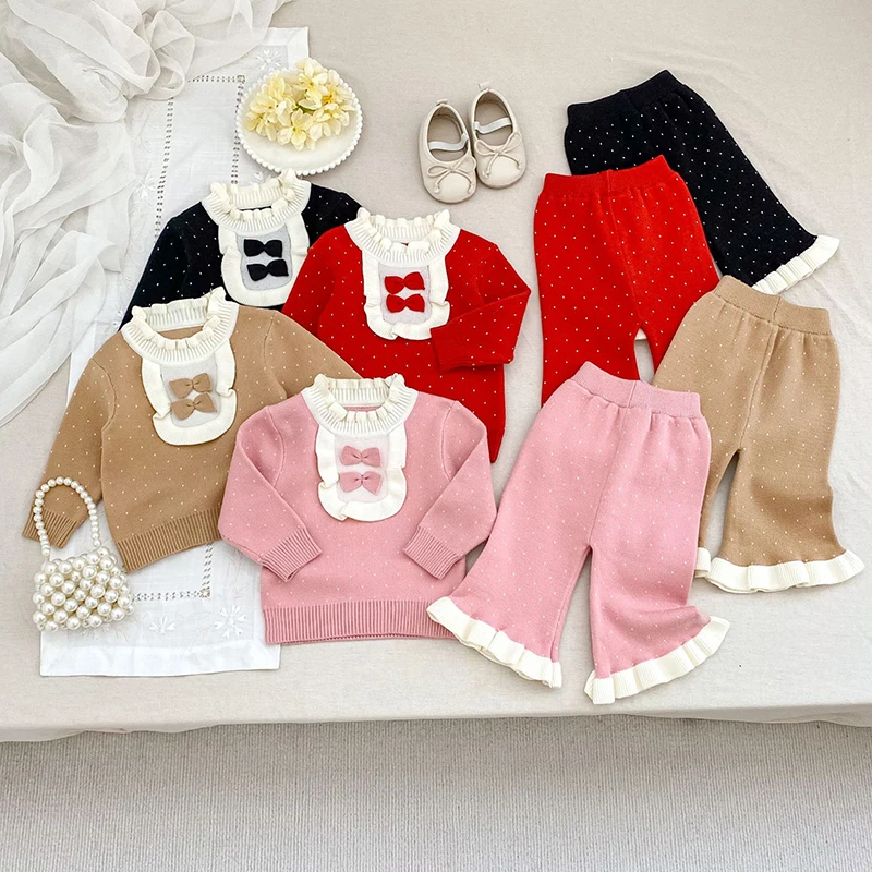 

Новинка 2023 года, осенний костюм для детей 0-24 месяцев, вязаный пуловер с длинными рукавами, свитер + штаны, комплект одежды для маленьких девочек