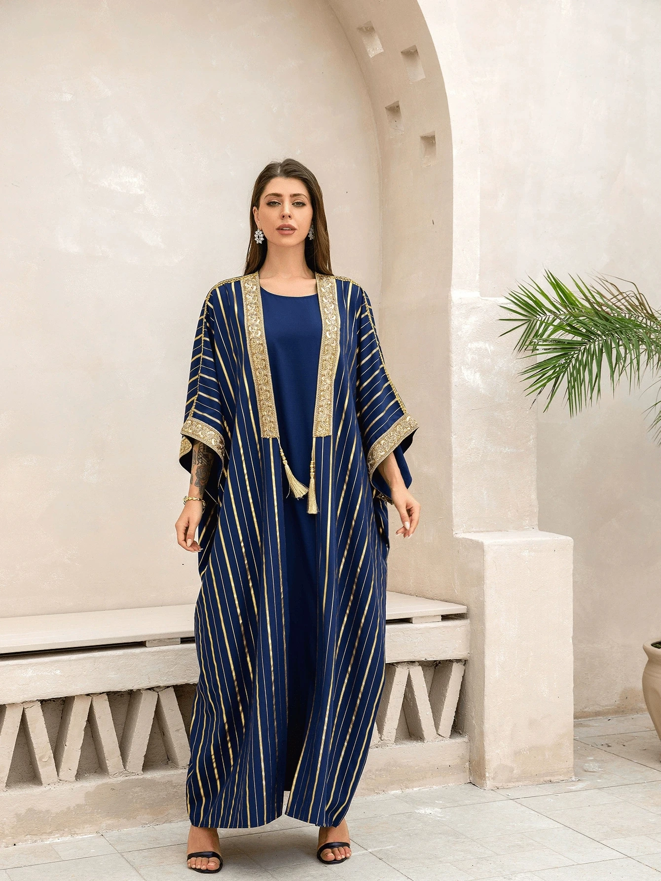 Oriente Medio Arabia Saudita musulmán bata de moda de lujo vestido de mujer Ramadán islámico verano estampado en caliente conjunto de dos piezas