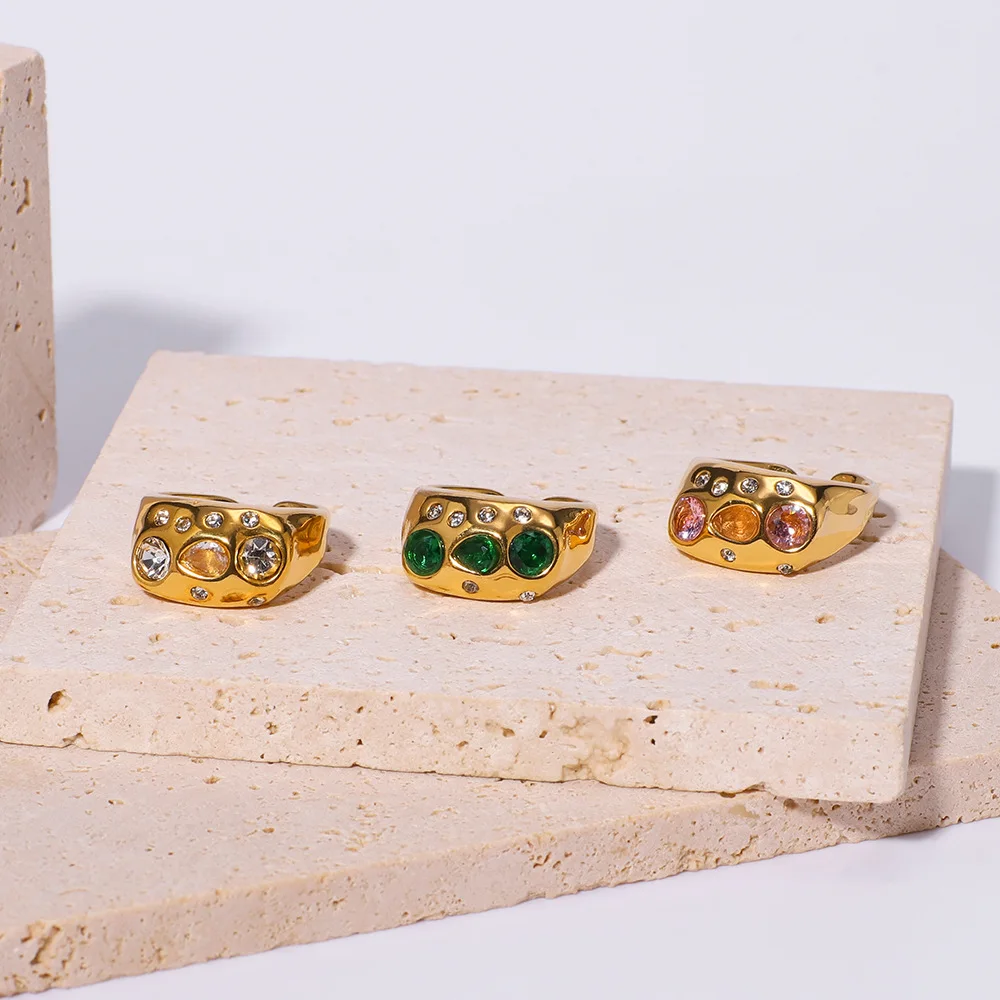 خاتم قابل للتعديل من الفولاذ المقاوم للصدأ للنساء بكريستال ملون عيار 18 قيراط خواتم ذهبية اللون مجوهرات فاخرة إكسسوارات عصرية عالية الجودة #2