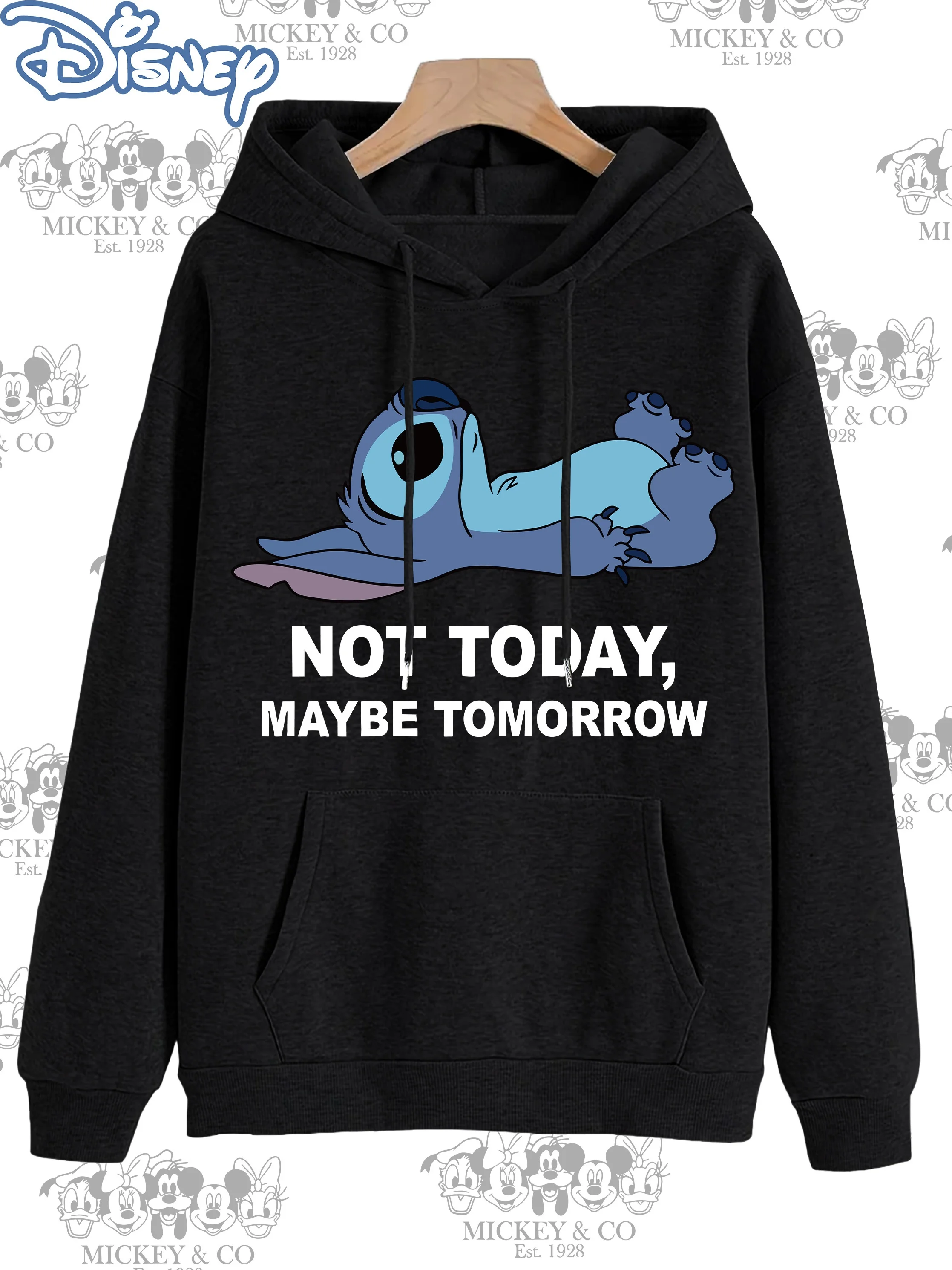 

Disney Official Stitch Graphic Print Hoodie Black Winter Sweatshirt with "Not Today" Slogan Adjustable Drawstring mickey