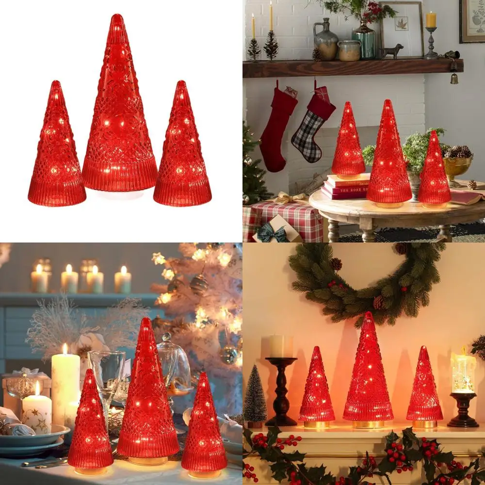 

3-Piece Red Glass Christmas Tree Table Decor with LED Lights and Timer, Perfect for Home, Office, and Holiday Displays