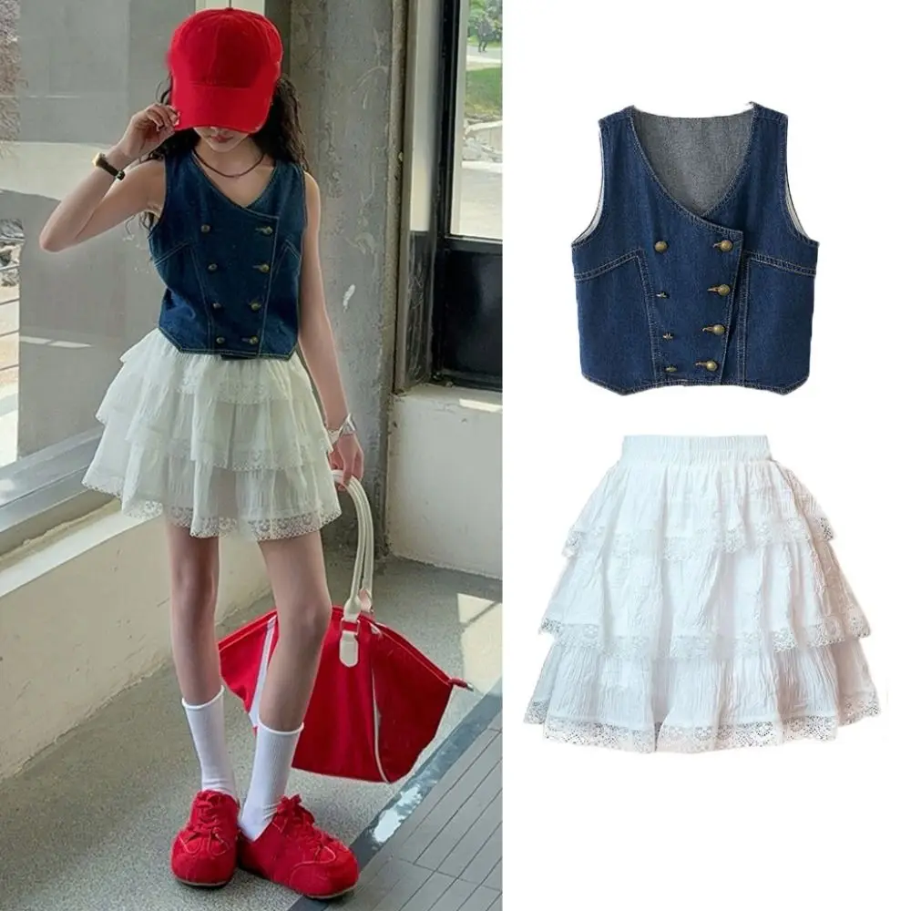 

Korean Style Cowboy Vest Girls Sweet Clothes Set Lace Loose Vest Cake Skirt Set Children Clothing Teens Two Pieces Suit Kids