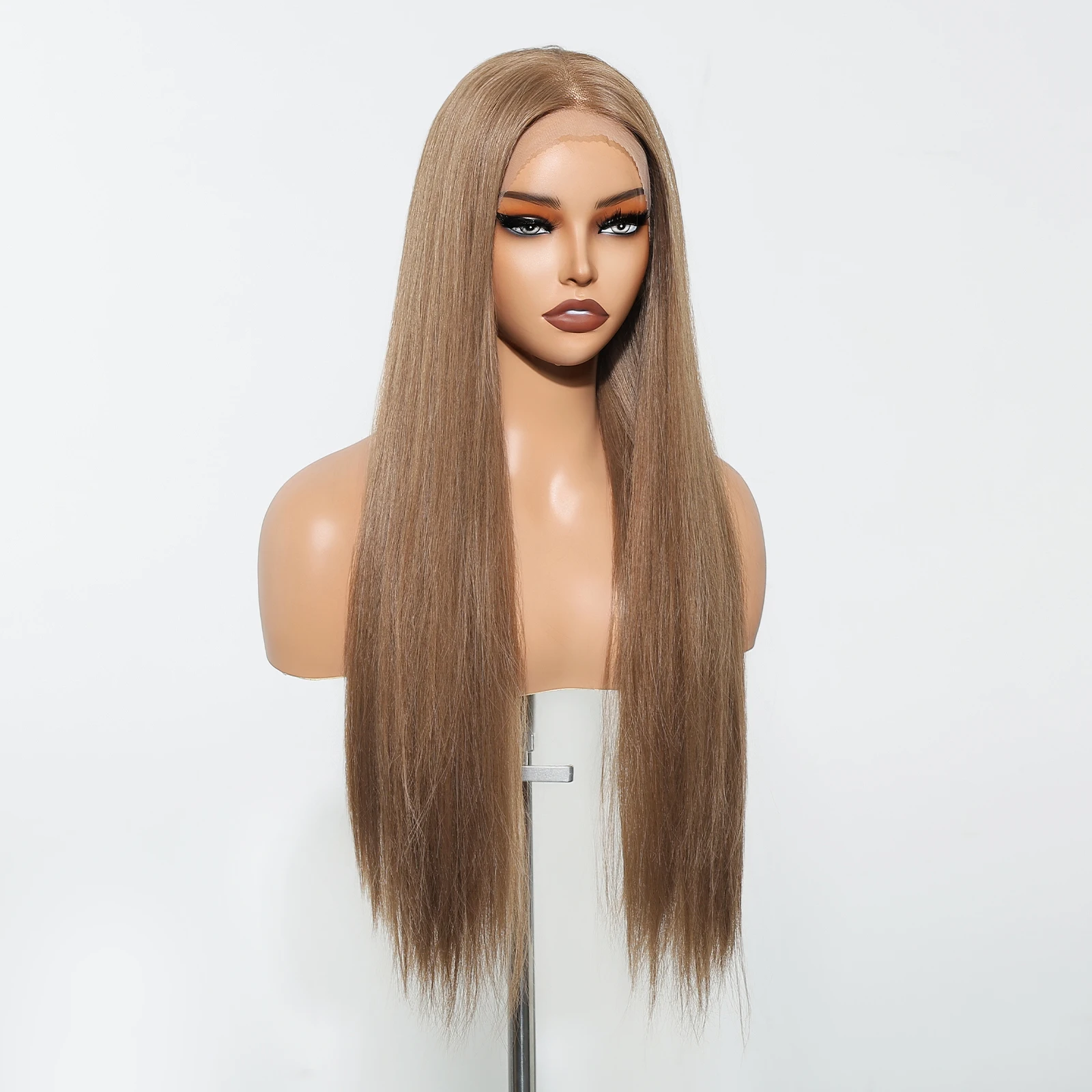 13*6 Flax Brown Lace Frontal Synthetic Wig Long Straight Middle-part Fake Hair For Women Daily Use Natural Heat Resistant Wig