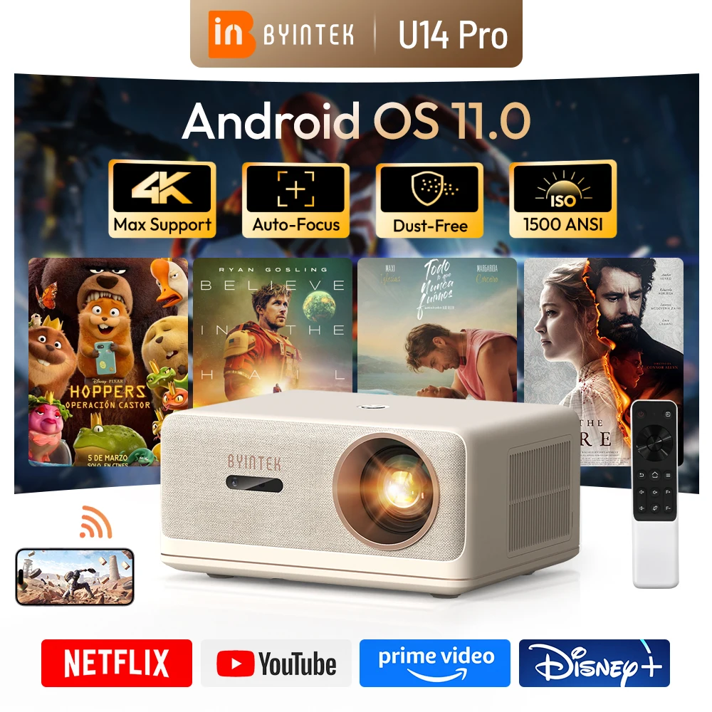 BYINTEK U14 Pro 1500 ANSI Lumen Projector 4K 1080P Android 11 Bluetooth 5.0 Wi-Fi Auto Keystone Home Theater voor films & gaming