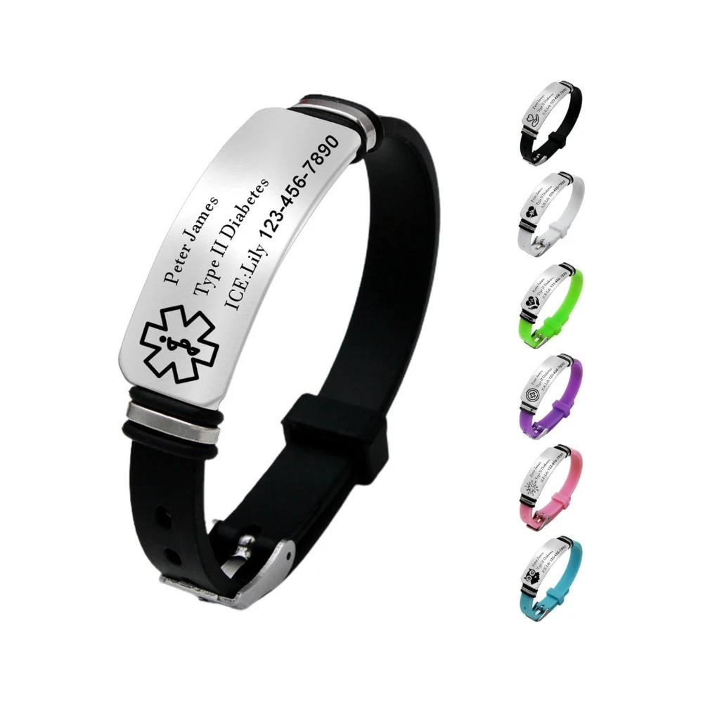 Medical Alarm Bracelets Stainless Steel First Aid BraceletS Adjustable Silicone Wristband