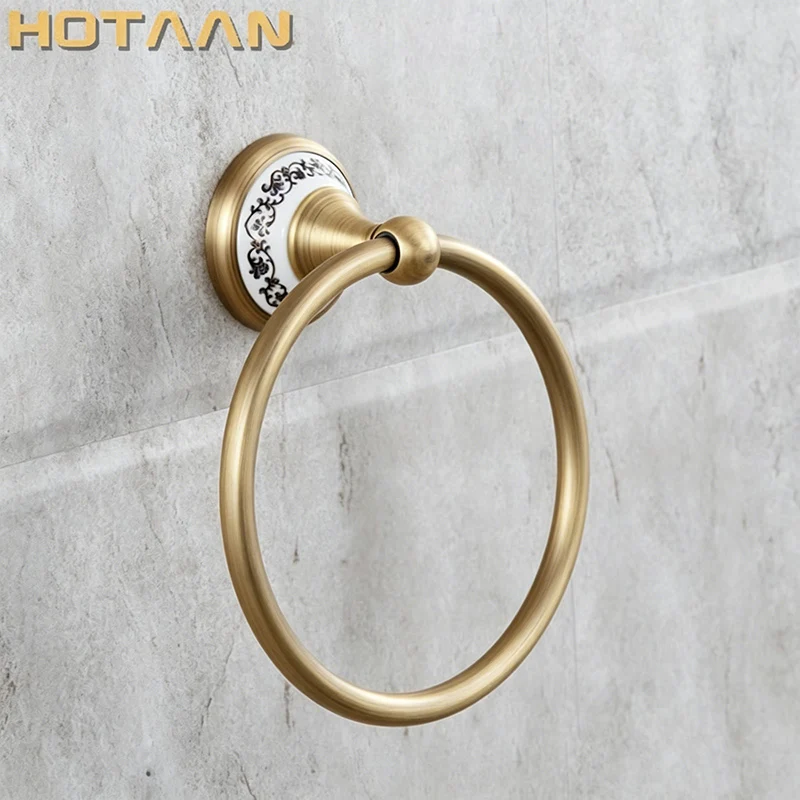 ., Bathroom towel holder, solid brass Wall-Mounted Round  antique brass Towel Ring with ceramic,Towel Rack,YT-11591