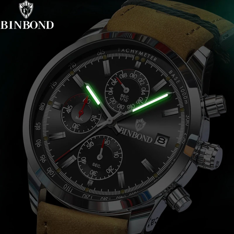 BINBOND New Luxury Men\'s Watch High Quality Waterproof Chronograph Luminous Sports Wristwatch Leather Watchband Quartz Watch Hot