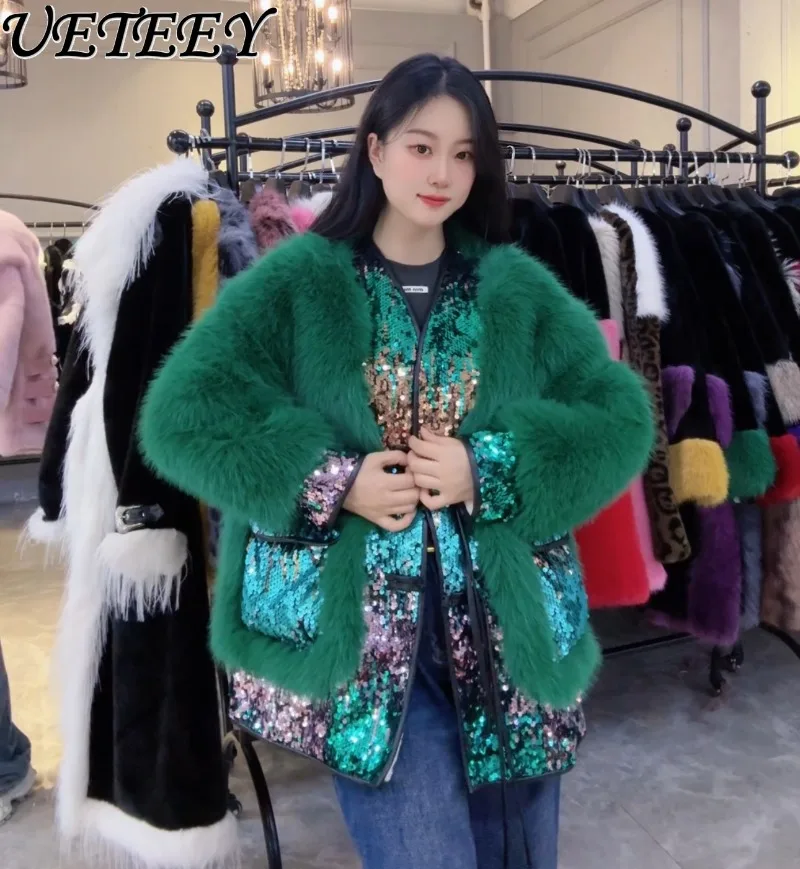 Winter New Shiny Heavy Craft Patchwork Faux Fur Coat Young Fashionable Elegant Versatile Long Sleeve Fur Jacket for Women