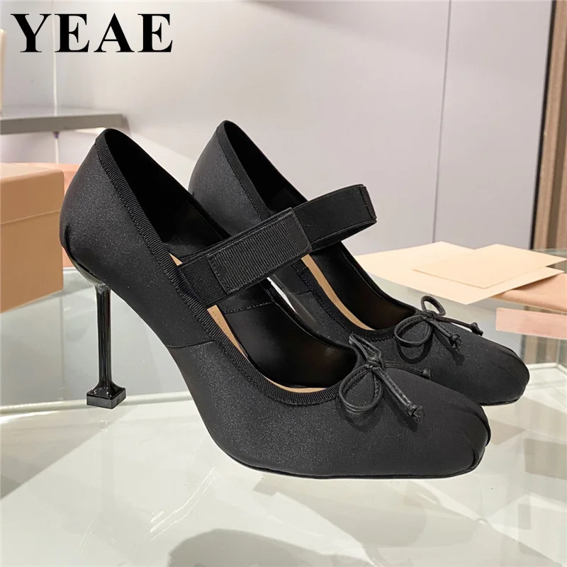 Luxury Brand Women Pumps Fashion Bow High Heels Square Toe Mary Jane Elastic Band Party Shoes Designer Woman\'s Dress Pumps 2023