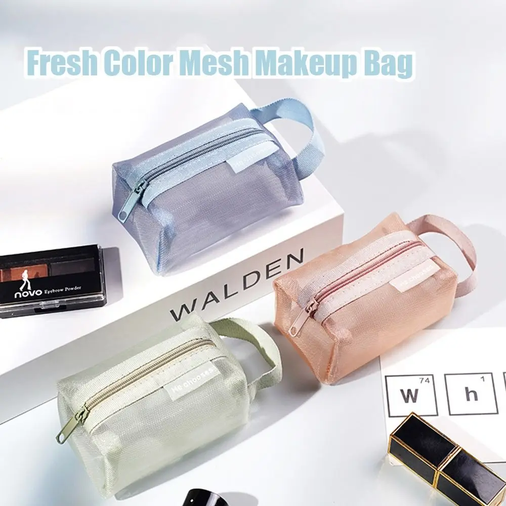 Mesh Cosmetic Bag with Handle Transparent Make Up Handbag Travel Toiletry Storage Bag Simple Portable Wash Pouch