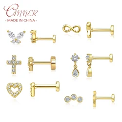 CANNER 1Pc 925 Silver Cute Butterfly Horse Eye Stud Earrings For Women 18K Gold Cross Heart-Shaped Flat Bottom Screw Earrings
