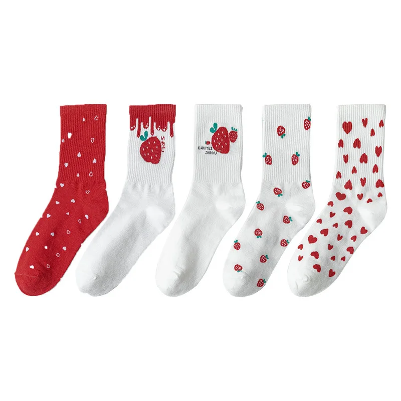 

Cotton Socks Women Female New Spring Autumn Japanese Style Strawberry Love Heart Print Korean Socks Fruit Print Calcetines Mujer