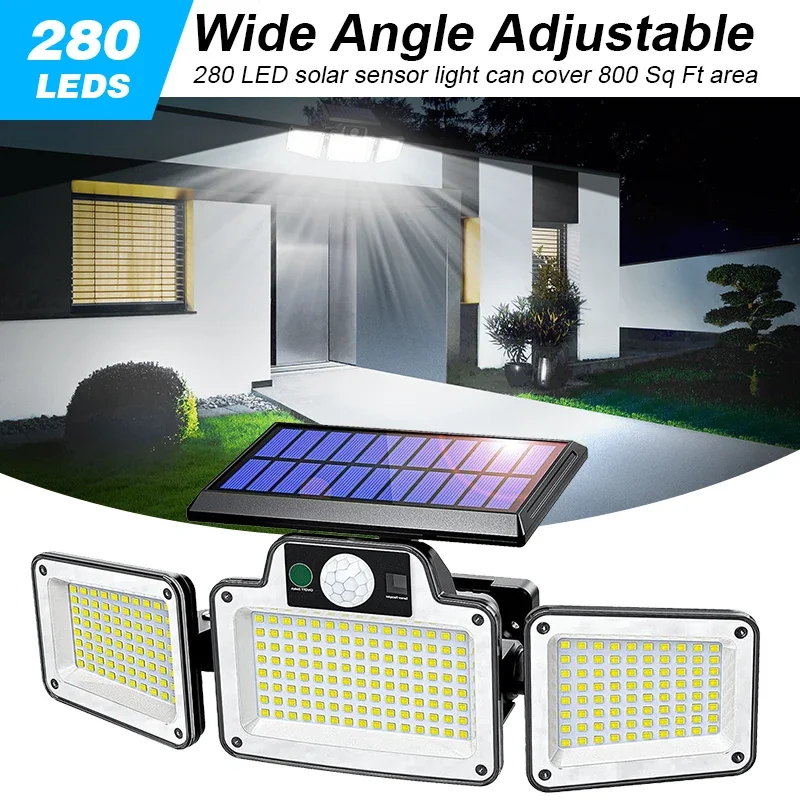 3 Head Outdoor Solar Lights Solar Motion Sensor Lights 280LED Security Solar Wall Lamp With 3 Modes Waterproof Flood Lights