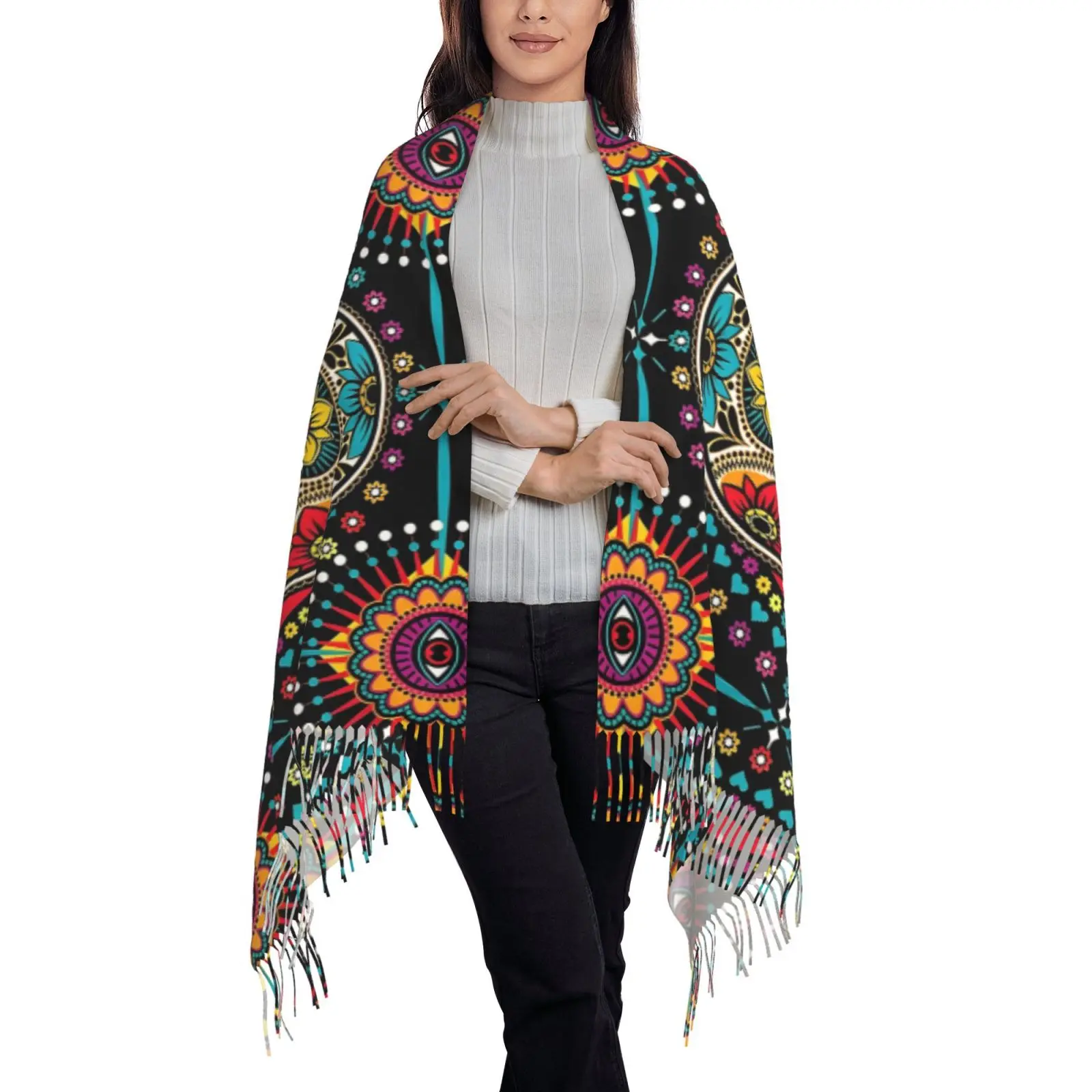 Colorful Sugar Skull Pattern Shawl With Tassels Women Soft Fashion Scarf Warm Wrap Stole Day of The Dead Gift