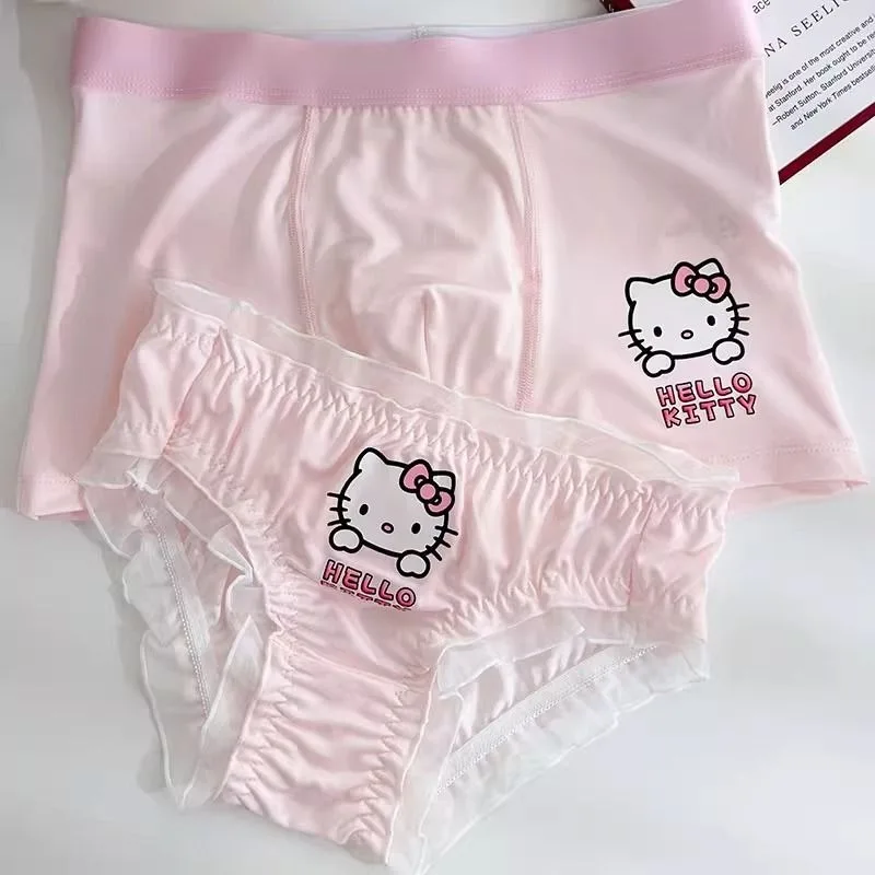 Calcinha rosa Hello Kitty casal, Virilha de algodão, desenhos animados fofos, roupa íntima doce das senhoras, boxers masculinos sedosos, respiráveis, confortáveis, novos