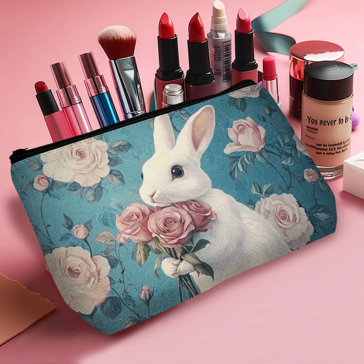 1Pc Vintage Bunny Wildflower Aesthetic Durable Multifunctional Zipper Portable Women'S Cosmetic Bag Suitable For Daily And