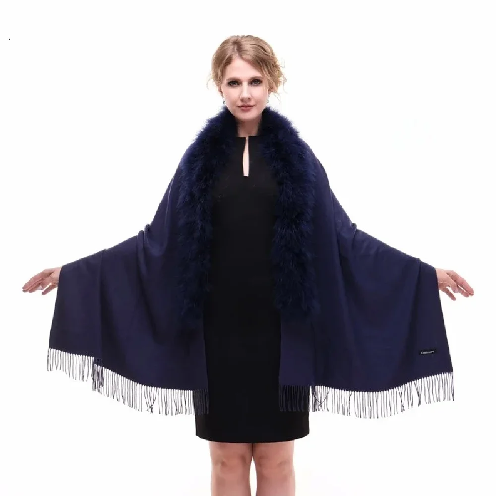 

Real Fur Wraps Women's Ostrich Feather Fur Shawl Female Imitation Cashmere Pashmina Lady's Winter Warm Cape Long Scarf Cloak