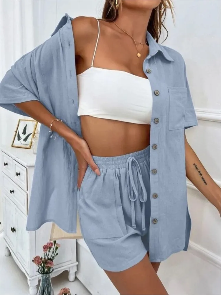 2024 Short Sets Fashion 2 piece Set Solid Color Long Sleeve Shirt Women Casual Loose Single-breasted 2 Piece Sets Outfits Summer